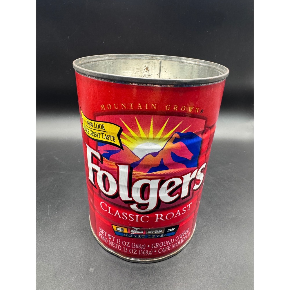 Vintage Folgers Classic Roast Coffee Tin 13 oz Metal Canister Red Decor No Lid